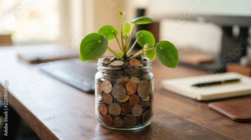 Small green plant growing out of a glass jar filled with metal coins on a wooden office desk surface