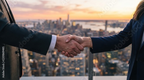 Business partners shaking hands in front of a modern urban city skyline during the beautiful sunset