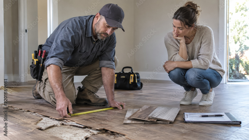 Fototapeta premium Male contractor measuring damaged laminate flooring with tape measure for repair estimate with female homeowner. Concept of home improvement, handyman.