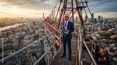Engineer in suit and hard hat standing on a tall construction crane overlooking the London city skyl