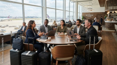 diverse business group working together on laptops during a meeting in a bright modern airport loung