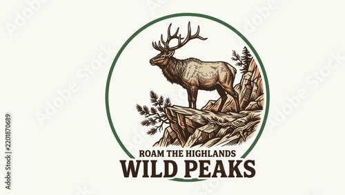 Vintage wild elk standing on mountain cliff roam the highlands outdoor adventure emblem illustration for t-shirt design print and apparel