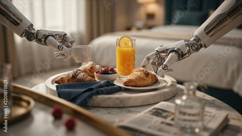 Robotic arms serving a breakfast tray with croissants, fresh fruit, and orange juice in a hotel room