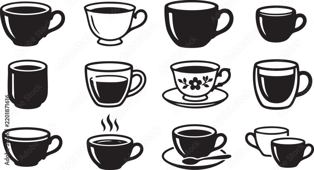 Fototapeta premium Set of various coffee cups and tea mugs in a simple black and white vector icon style