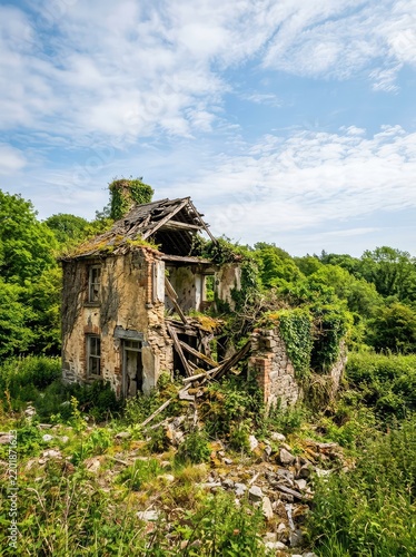 A desolate, crumbling abandoned building stands in ruins, its roof collapsed and walls decayed amidst wild, overgrown foliage, building, scene, outdoor