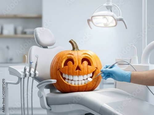 A smiling carved Halloween pumpkin with perfect white teeth sits in a modern dental chair, receiving a professional checkup and cleaning treatment, tool, light, health