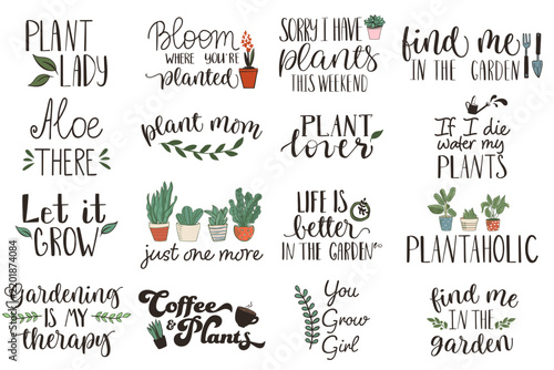 Set of 16 hand lettered plant and garden quotes with houseplant doodles