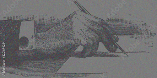 Hand Writing with Pen, Vintage Black and White Engraving Line Art