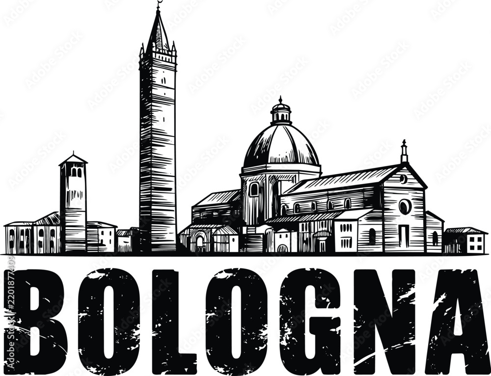 Fototapeta premium Bologna skyline vector with famous historical landmarks and bold typography lettering underneath