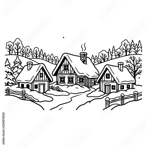 Three cozy snow-covered wooden houses in a village
