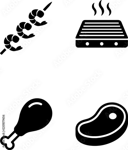 Shrimp skewer and hot grill plate with chicken leg and steak comprise a barbecue menu.