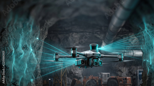 Autonomous mining drone conducting LiDAR rock face scanning and 3D mapping in an underground rare earth mine