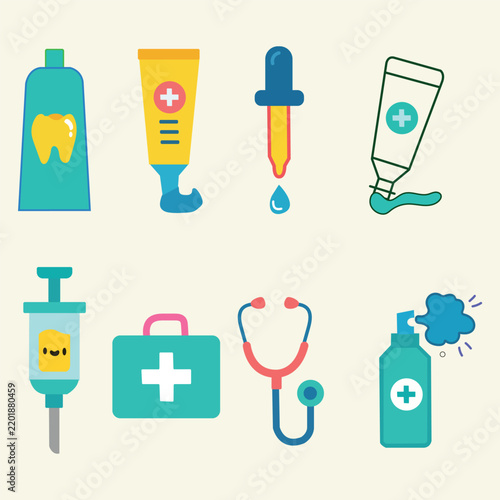 Cartoon medical tools and first aid kit vector set