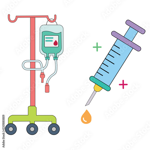 Medical IV drip bag stand syringe vector