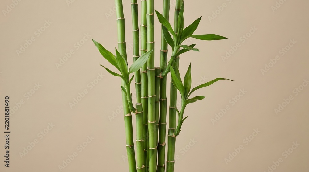 Obraz premium Potted bamboo plant with slender green stalks and smooth river stones at the base against a clean light grey studio background