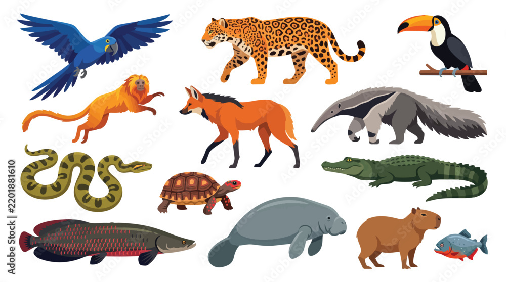 Obraz premium Collection of diverse jungle animals on white