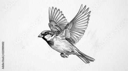 Quadro su tela Sparrow in mid air flight illustration with detailed pencil texture for nature graphic designs