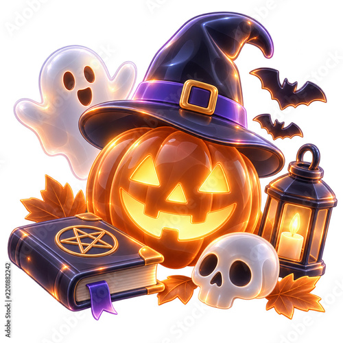 Glowing Halloween pumpkin jack-o'-lantern with witch hat, ghost, bats, skull, lantern, spellbook, and autumn leaves on white background
