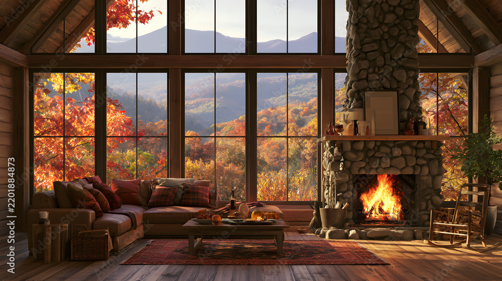 Fototapeta premium Cozy cabin living room with a fireplace ablaze and a breathtaking autumn mountain vista make for an attractive backdrop, whether you're using it as a virtual meeting setting, a background for MS Teams
