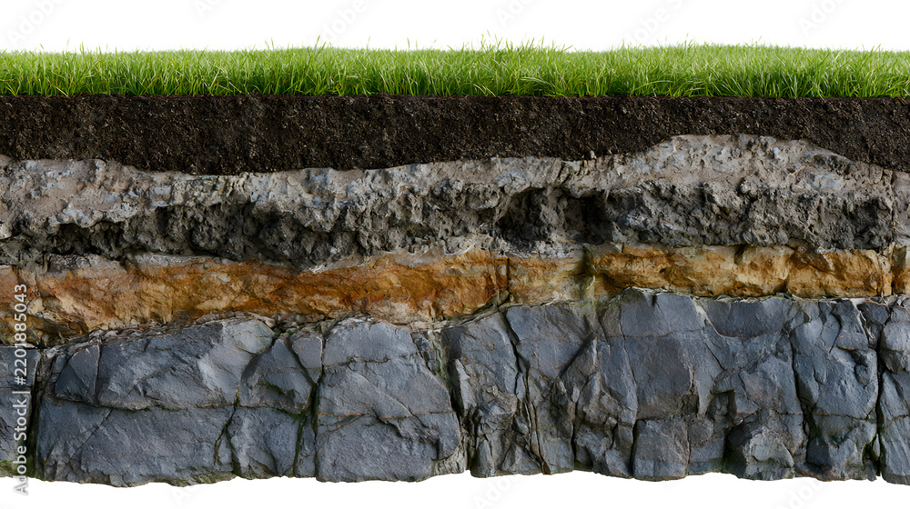 Fototapeta premium A geological cross section, showing layers of fertile soil, rocky strata, and bedrock beneath a green grass cover.