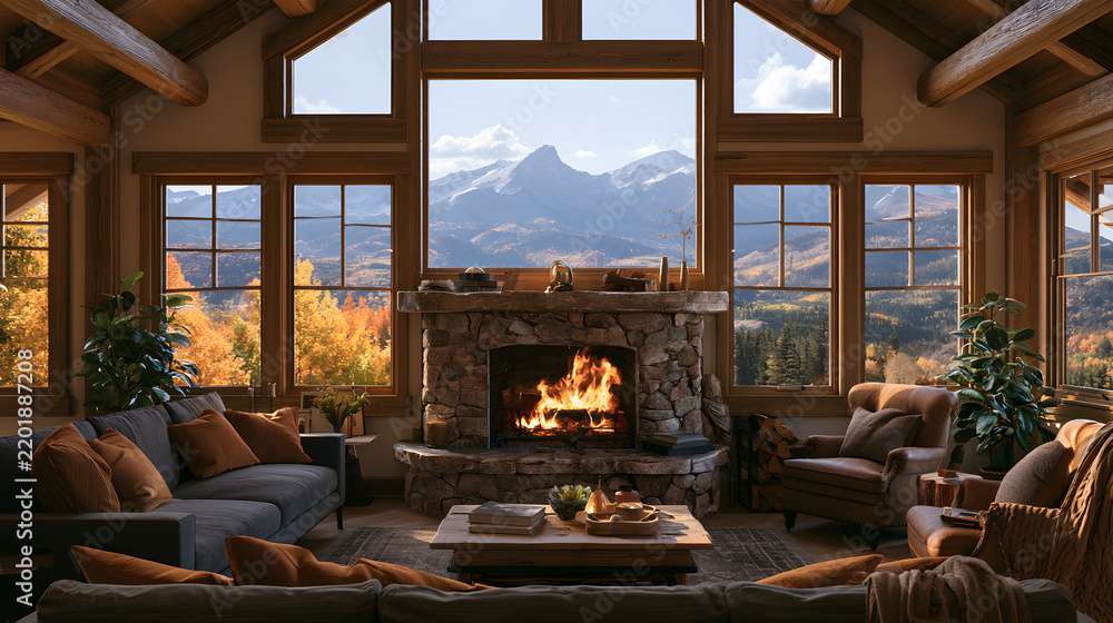 Fototapeta premium Cozy living room cabin with a cozy fireplace and a breathtaking autumn mountain view, perfect for a virtual meeting background, ideal for MS Teams or Zoom meetings, and a digital backdrop for online g