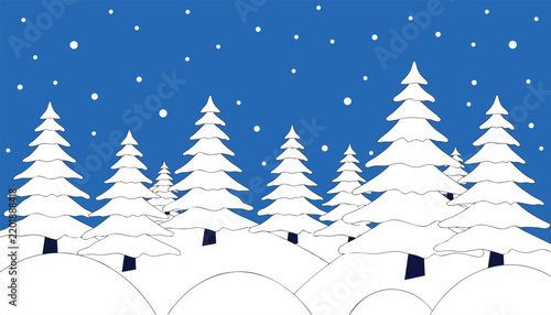 Snowy evergreen forest landscape with falling snowflakes against a clear blue sky vector illustration