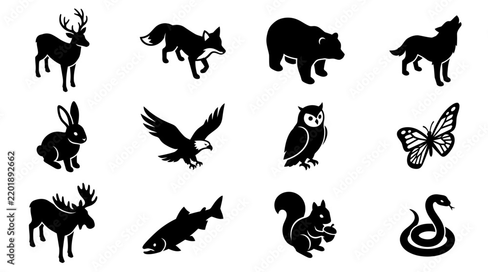 Fototapeta premium Diverse Wildlife Animal Icon Collection in Flat Vector Style for Graphic Design