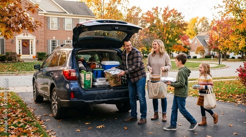 Family loading car with food for Thanksgiving gathering in autumn neighborhood