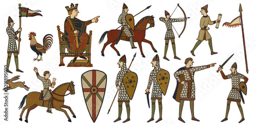 Medieval kingship and royal authority in 1066. Bayeux Tapestry style king on a throne, knights, archer, banners, messenger and scroll, rooster and hare