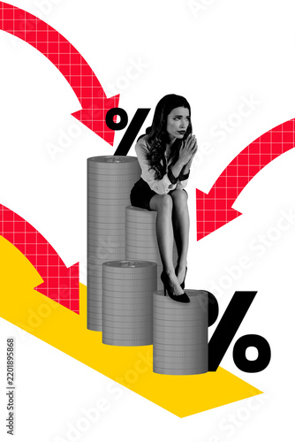 Фотография Vertical photo collage of sad inexperienced girl pray dollar inflation percent a