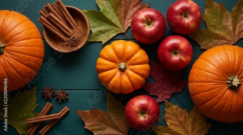 Fall harvest overhead arrangement featuring vibrant pumpkins sweet red apples and aromatic cinnamon sticks on a teal wooden surface perfect for autumn greetings.