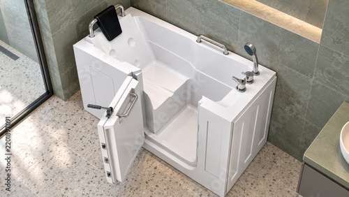 Accessible walk in bathtub with door, seat, grab bar and shower for disabled seniors, modern bathroom mobility safety.