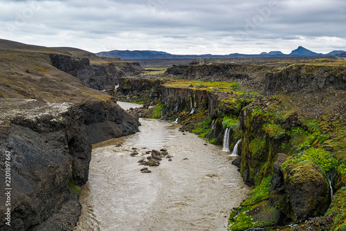 Sigoldugljufur Canyon or Sigöldugljúfur, mountainous area with deep, rugged walls, moss-covered cliffs, cascading waterfalls, is often referred to as Iceland's 