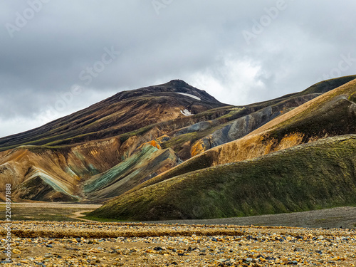Landmannalaugar mountain range and valley. Icelandic landscape in the Fjallabak Nature Reserve of the Highlands. Natural wonder surrounded by rhyolite mountains, lava fields. Laugavegur Trail, Iceland