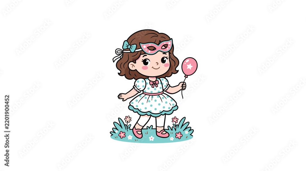 Obraz premium Girl Wearing Costume Party Mask With Balloon Cartoon Vector Illustration