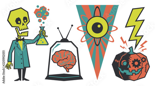 Retro halloween mad scientist elements vector set