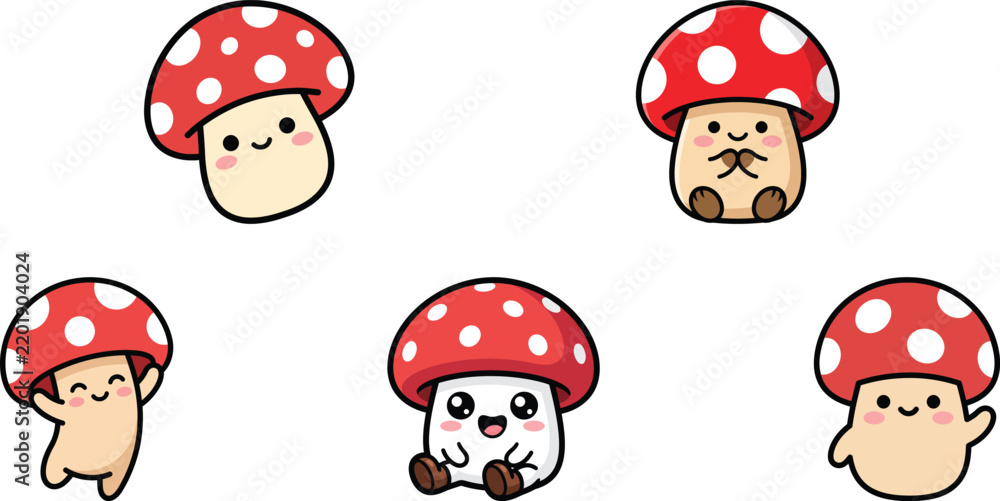 Obraz premium Mushroom Sticker Set of 5 Cartoon Toadstool Characters with Red Caps