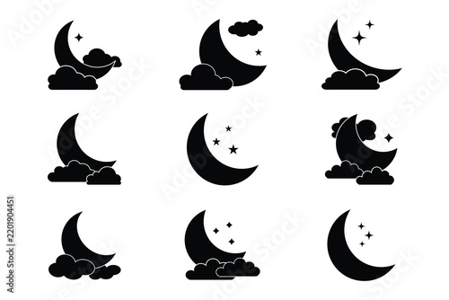 Moon and Star Icon Set in flat, glyph, solid. Crescent Lunar icons Vector Collection for Ramadan, Night, Islamic and Celestial Design in silhouette Style. Decorative black moon with star and clouds.
