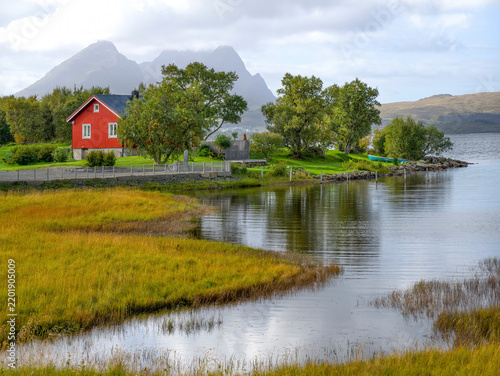 Autumn landscape along the scenic west coast of the Lofoten Islands, Norway