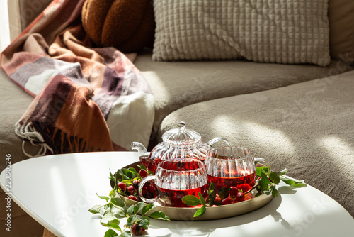 Принти на полотні Cozy domestic scene with warm beverage and autumnal elements on table