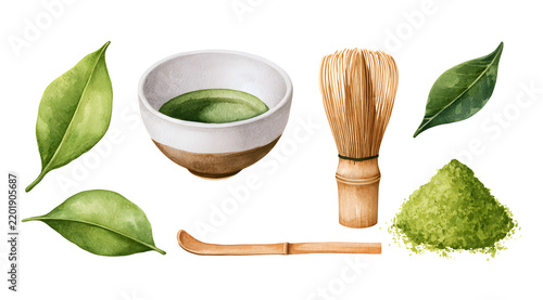 A set of watercolor art including matcha tea leaves, a tea bowl, a whisk, and powdered tea