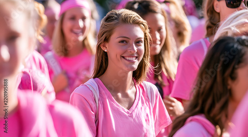 Women and individuals wearing pink shirts for a charity walk to raise awareness about breast cancer hosted a health event