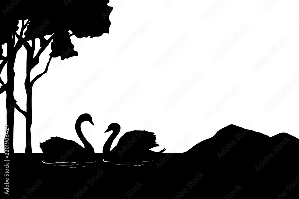Fototapeta premium PNG silhouette swan in lake, nature border collage element, transparent background