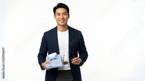 A smiling Asian man wearing a dark blue blazer over a white t-shirt holds a folded light blue shirt and sunglasses.