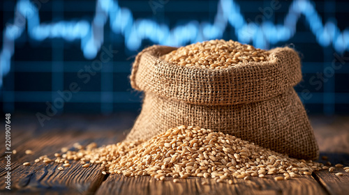Burlap sack filled with golden wheat grains on a rustic wooden table with financial graphs background. Food supply concept for commodity market trade ads.