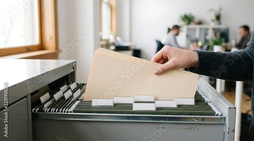 Hand placing manila folders into a filing cabinet in a modern office environment