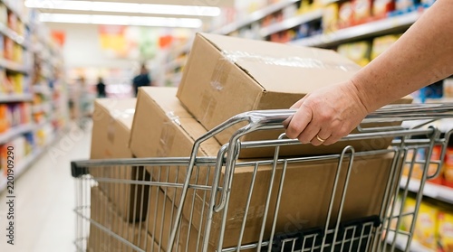 Konstfotografi Person pushing a shopping cart filled with cardboard boxes down a supermarket ai