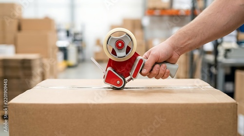 Warehouse worker sealing a cardboard box with packing tape dispenser
