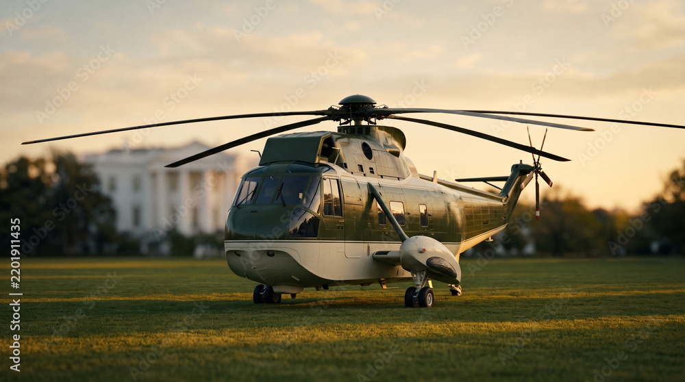 Fototapeta premium Presidential helicopter landing on a green lawn at sunset near a historic white mansion