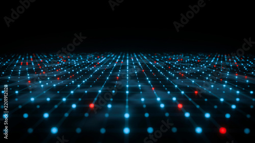 Glowing grid platform featuring red and blue nodes for interactive network visualization.
